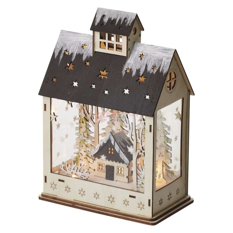 LED vánoční domek dřevěný, 30 cm, 2x AA, vnitřní, teplá bílá, časovač