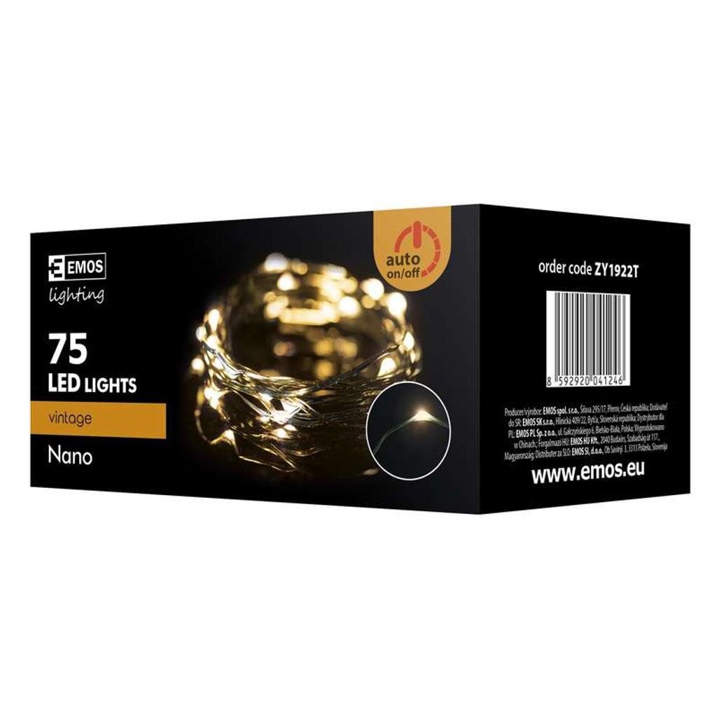 EMOS VÁNOČNÍ OSVĚTLENÍ 75 LED ŘETĚZ ZELENÝ NANO 7,5M ČASOVAČ JANTAROVÁ IP44 ZY1922T
