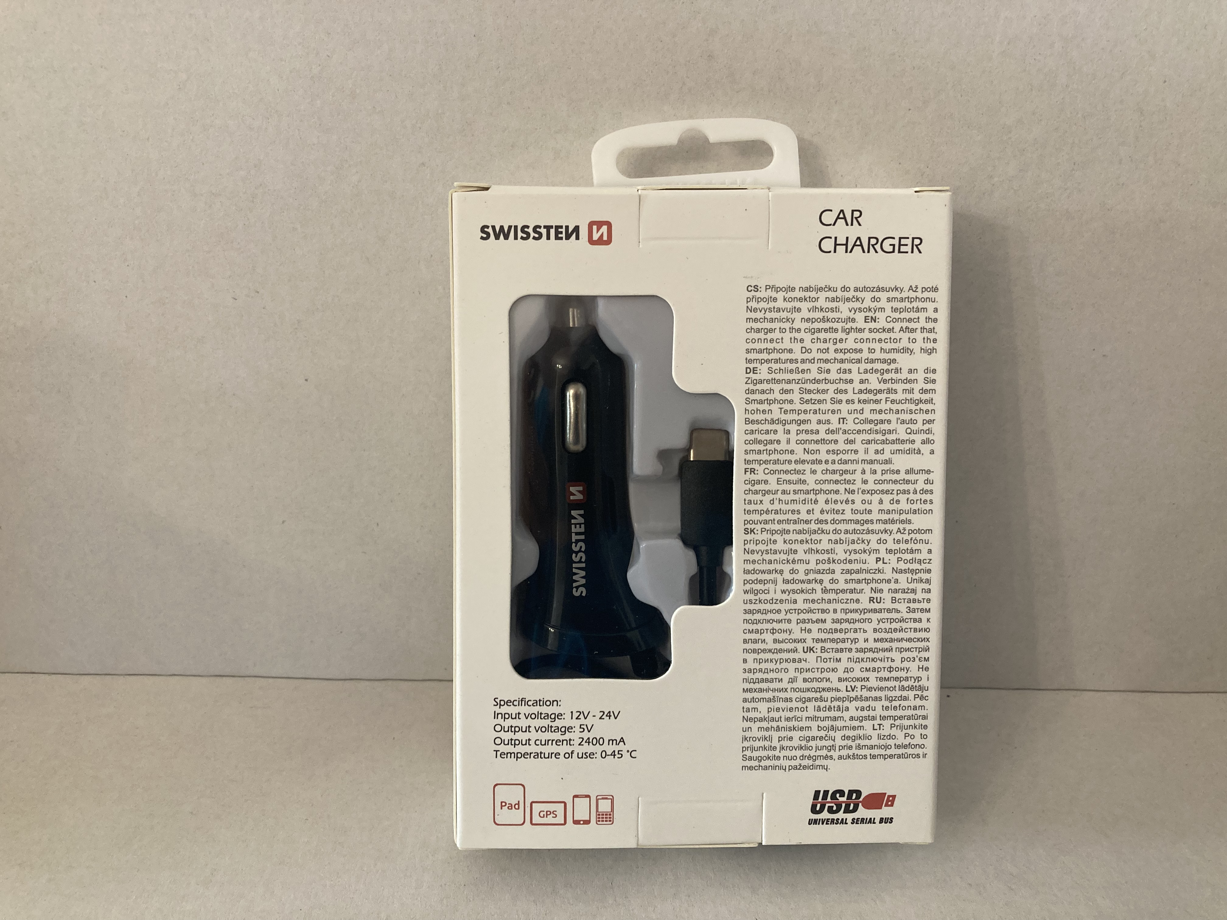 autonabíječka SWISSTEN CAR CHARGER USB-C 2,4A 1xUSB a kabel USB-C
