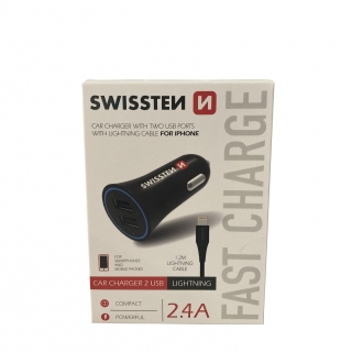 autonabíječka SWISSTEN 2,4A 2xUSB + kabel lightning 1,2m